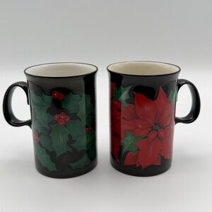 Dunoon Stoneware Christmas Mugs Set of 2 Holly & Poinsettia Bessey Scotland